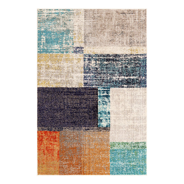 Wrought Studio Arbnore Octagon Abstract Navy/Gray/Orange Area Rug Wayfair